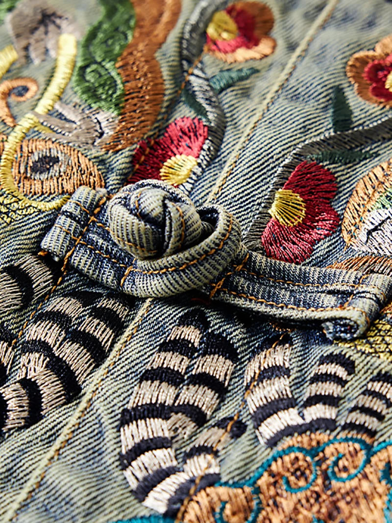 Women Distressed Denim Jacket Heavy Embroidery Lucky Chinese Style 2026 Spring Loose Casual Jean Coat
