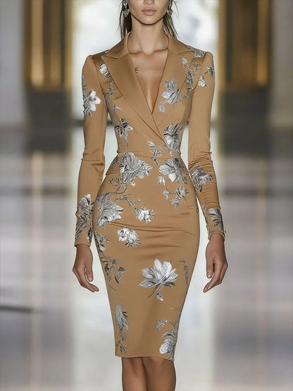 Elegant Luxury Floral Print Bodycon Midi Dress Retros V-neck Long Sleeve Fit Banquet Dress Temperament High Waist Wrap Hip Dress