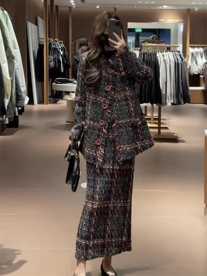 Winter new women fashion high-end temperament coarse weave small fragrance style coat+half skirt elegant two piece set |...