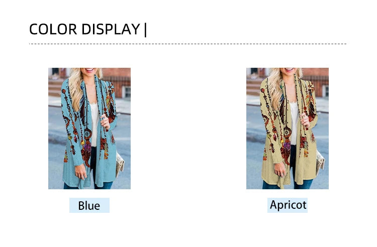 Plus Size 2024 Autumn New Women's Fashion Long Sleeve Retro Feather Print Jacket Cardigan Casual Loose