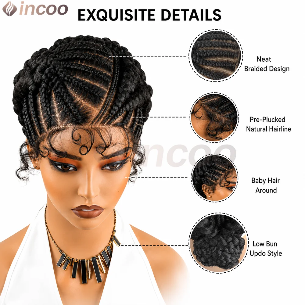 Short Cornnrow Braid Wigs Buns Glueless For Black Women Synthetic HD Full Lace Wig Neat Braids Wig African Protective...