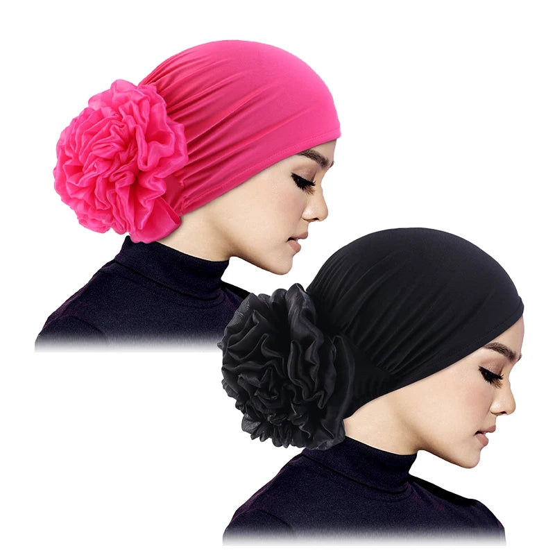 Women's Hijabs Turban Big Flower Elastic Cloth Hair Bands Hat Beanie Ladies Muslim Solid Hair Loss Scarf Cap Hair Accessories
