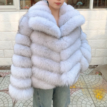QUEENTINA Winter New Women's Real Fox Fur Coat With Collar Overcoat Leather Female Natural Plus Size