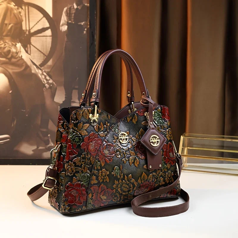 Light Luxury PU Leather Tote Bag Large Capacity Crossbody Women Bag Fashion Vintage Flower Pattern Purse and Handbag - Kimlud