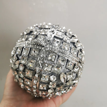 Woman Silver Crystal Stone Ball Shape Evening Bag Banquet Birthday Party Gift Lady Handbag Wedding Bridal Diamond Hollow Purse - Kimlud