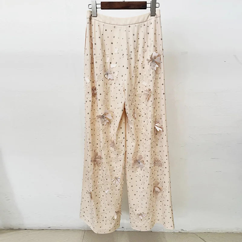 HIGH STREET Newest Fashion 2026 Designer Runway Suit Set Women's Luxurious Beading Flower Suit Trousers Pants Suit 2pcs...