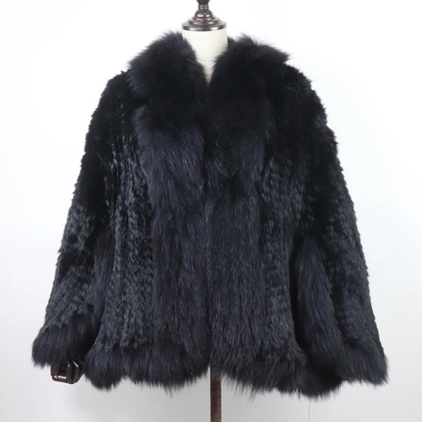 Hot Women Knitted 100% Real Rabbit Fur Shawl Winter Warm Genuine Rabbit Fur Pashmina Coat With Fox Fur Collar For Female...