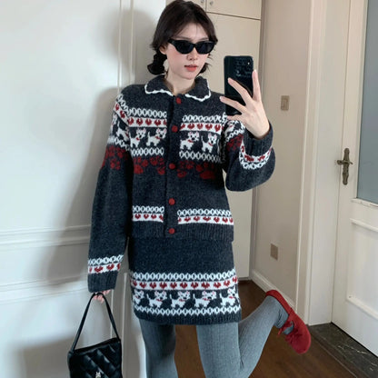 Knitted Suit Women 2025 Fashion Vintage Sping Autumn Cardigan Sweater Coat Short Skirt Ladies Two Piece Set Outfits