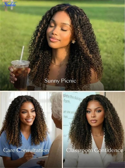 Nadula Bye-Bye Slip Burmese Curly Glueless Wig 100% Human Hair Chestnut Brown Color with Finger Coils Suitable for All...