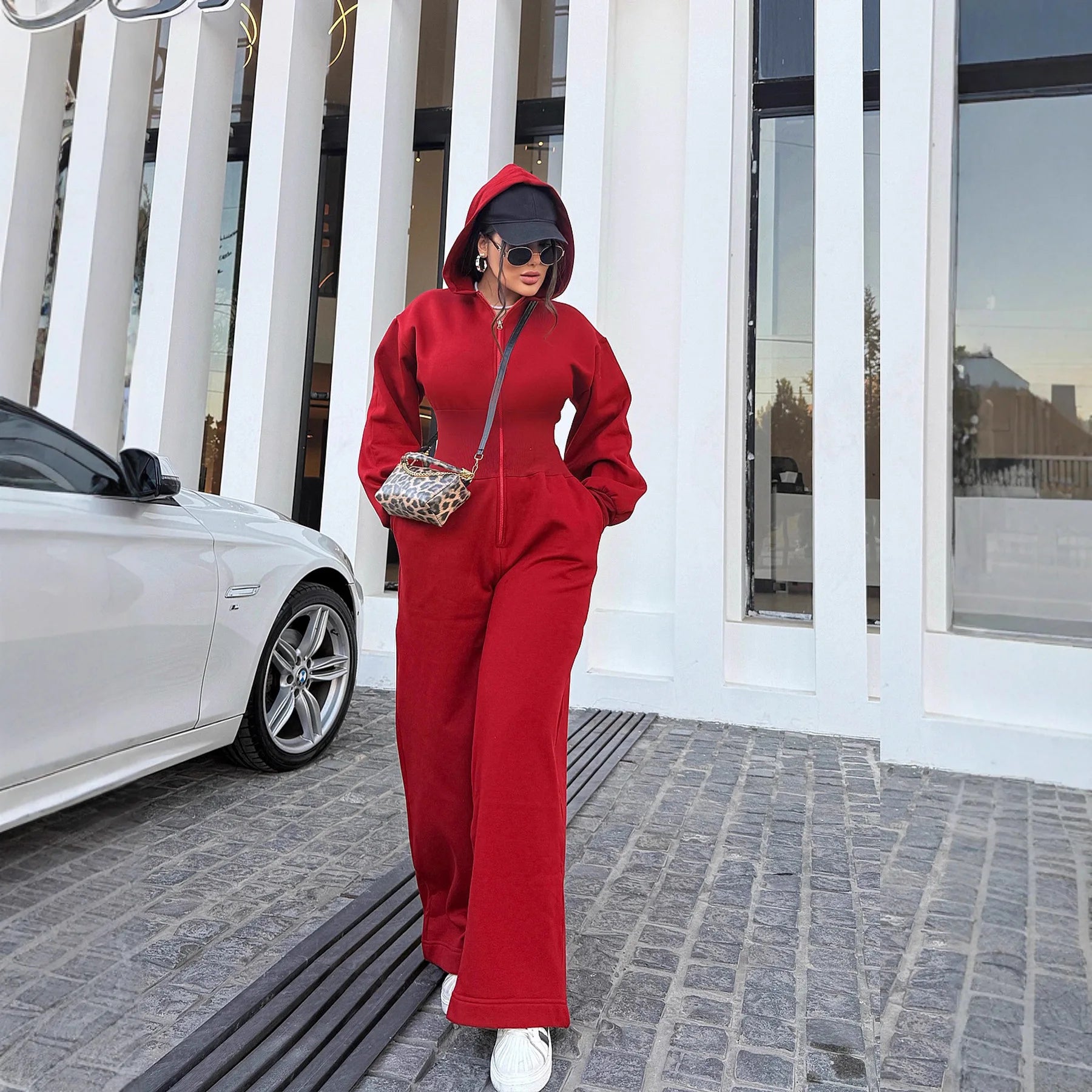 Women's Hooded Zipper Elastic Waist Jumpsuit Long Pants Sports Casual Solid Color Comfortable Casual Cross-Border Style