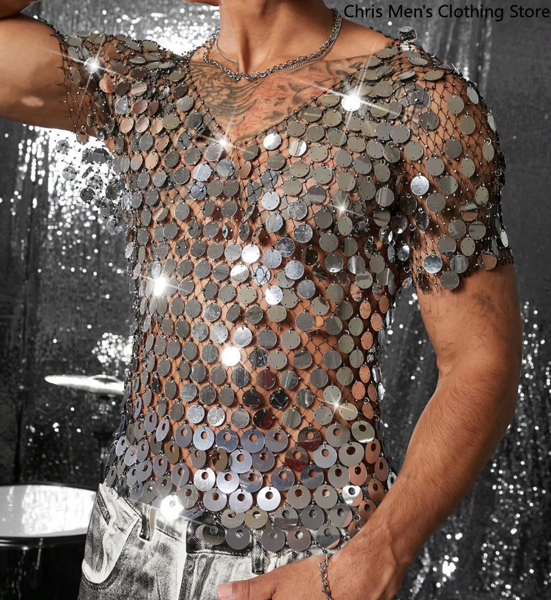 Men's Shiny Transparent Net-silk Sequin Short-sleeved Shirt, Suitable for Festival Disco Shoots and Stage Performances. - Kimlud