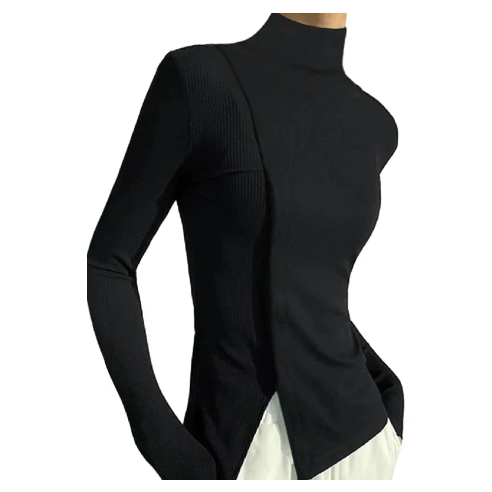 Bonboho Women's Simple Solid Black Long Sleeve T-shirt High Neck Slim Fit Pullover Tops Autumn Fashion Shirts for Urban Female