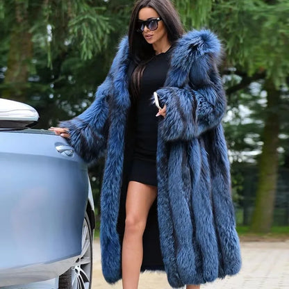BFFUR Luxury Real Fox Fur Coat With Hood Winter Women'S Genuine Full Pelt Natural Fox X-Long Outdoor Jacket Thick Warm Coat