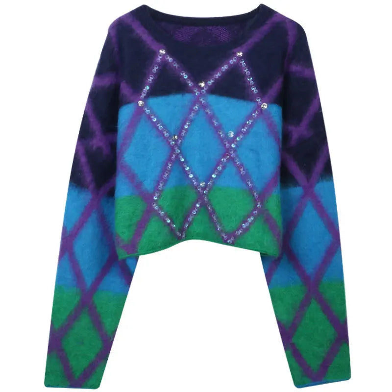 High Quality Color Contrast Diamond Beads Short Pullover Korean Loose Weight Sweater Traf Mohair Winter Women Tops