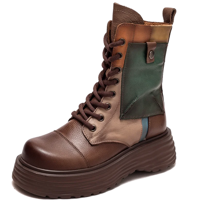 GKTINOO Handmade Boots Women Genuine Leather Round Toe Lace-up Zipper Platform Thick-soled Mid-calf Boots Retro Zapatos Mujer