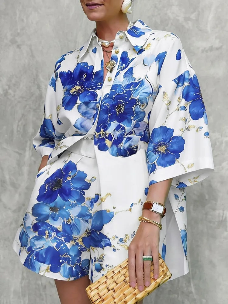 Yeezzi Women's Vintage Blue Floral Printed Lapel Blouses 2026 Half Sleeve Loose Buttoned Elegant Summer Vacation Matching Shirts