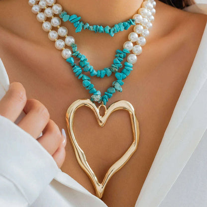 Punk Metal Big Heart Shaped Pendant Necklace Vintage Geometric Green Stone Imitation Pearl Chain Short Necklace Women's Jewelry