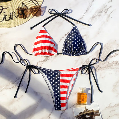Fashion USA American Flag Frint Bikinis Women Bikinis Push Up Swimwear Halter Neck Beach Wear Sexy Swimsuit Bathing Suits - Kimlud
