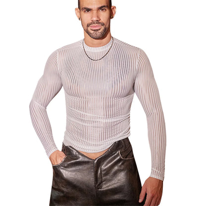 Sex Men Oil Glossy Shiny Breathable T-shrits Stripe Allure Shaper Top Bottom Wear Sheer See Through Elastic Shapewear - Kimlud