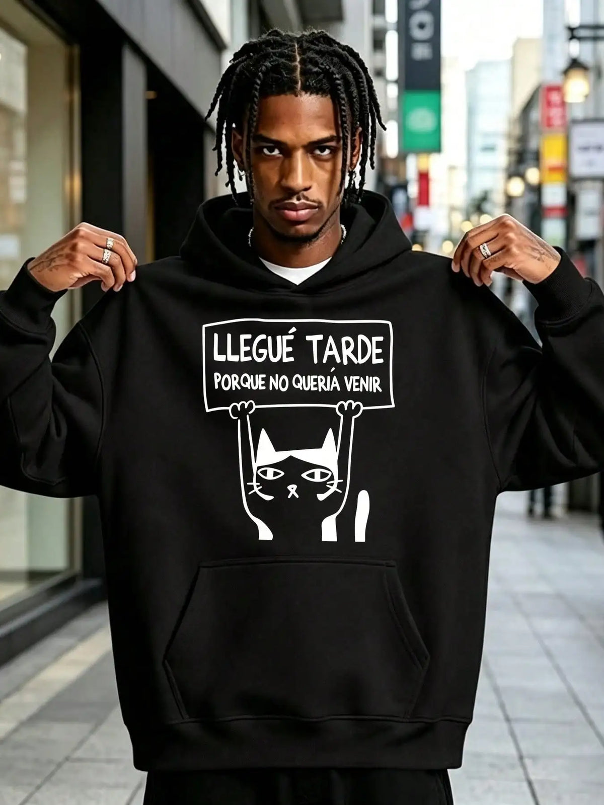 Men's "Reluctant Late Cat" Print Hoodie, Long Sleeves With Pockets, Made Of Soft Fabric, Casual Hooded Top For Daily & Holiday Wear
