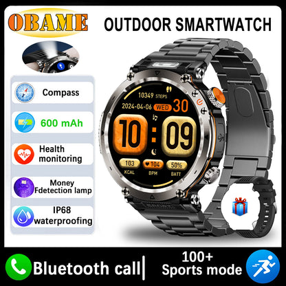 New 5ATM Outdoor Smart Watch Men 600mAh LED Flashlight SmartWatch Compass Bluetooth call Heart rate IP 68 Sports Smartwatch 2025