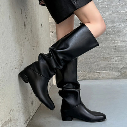 Women's genuine leather round toe slip-on flats autumn knee high boots casual female soft comfortable knight boots shoes woman