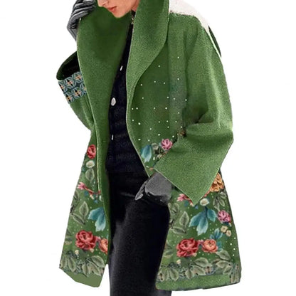 Spring Jacket Elegant Flower Print Women's Fall Winter Overcoat with Turn-down Collar Plus Size Mid Length Loose Thick Warm Long