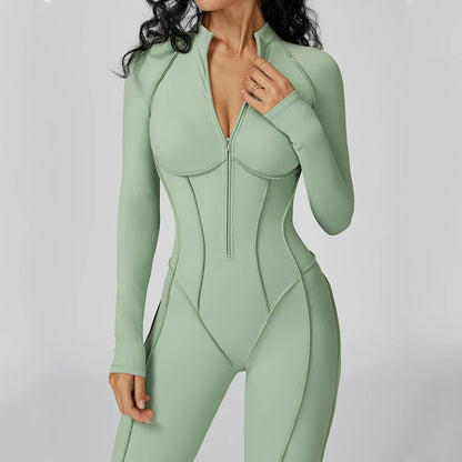 Women Yoga Bodysuit Long Sleeved Tracksuits Gym Zipper Jumpsuits Sports One Piece Workout Bodycon Jumpsuits Tights Suit - Kimlud