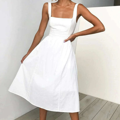 Sexy Square Neck Solid Color Midi Dress Spaghetti Straps Sleeveless Summer Loose Dress Elegant Party Dresses For Women платье