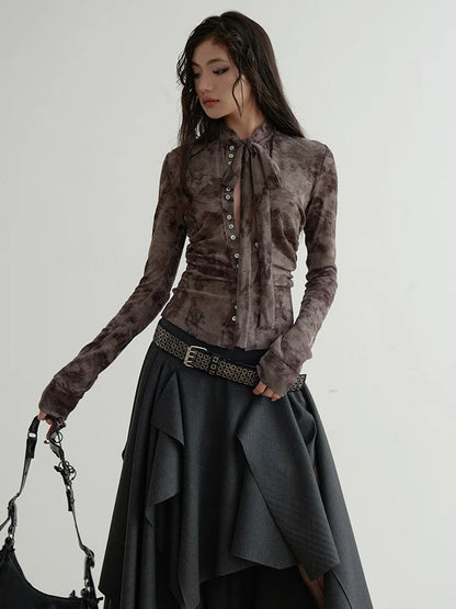[EAM] High Waist Dark Gray Cut Style Burr Irregular Slit Half-body Skirt Women Fashion Tide New Spring Autumn 2026 1DH9336
