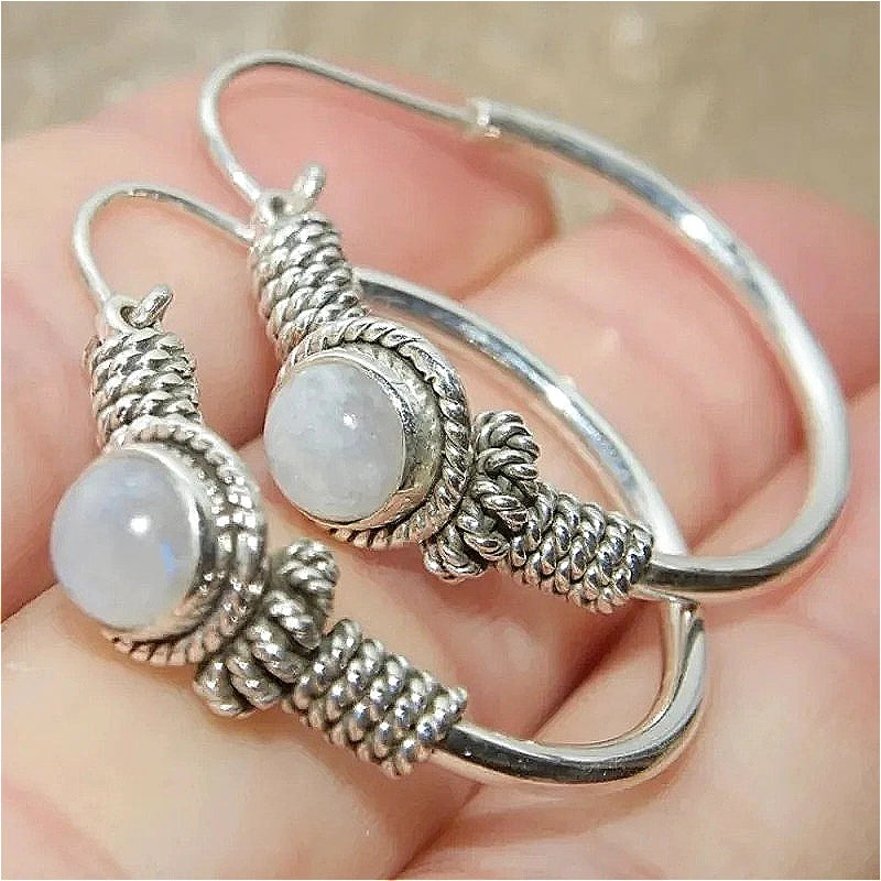 Bohemian Style Vintage Inlaid Synthetic Moonstone Hoop Earrings Women Elegant Silvery Plated Banquet Wedding Jewelry Accessories