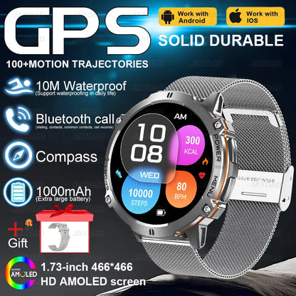 2025New Outdoor Military GPS Compass Smart Watch Men 1.73"HD AMOLED Screen 1000MAH Heart Rate BT Call IP68 Waterproof Smartwat