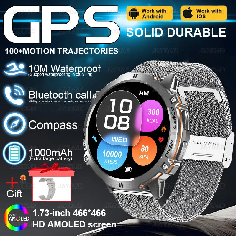 2025New Outdoor Military GPS Compass Smart Watch Men 1.73"HD AMOLED Screen 1000MAH Heart Rate BT Call IP68 Waterproof Smartwat