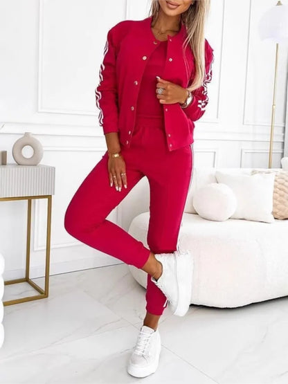 Autumn Three-Piece Set Women's Suit Striped Tape Patch Buttoned Jacket + Tank Top + Pants Sets Lady Sportswear Casual...