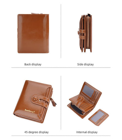 Women's Oiled Waxed Leather Wallet - Buckle Closure, Vertical Zipper Coin Pocket & 6 Card Slots (Heritage Design)
