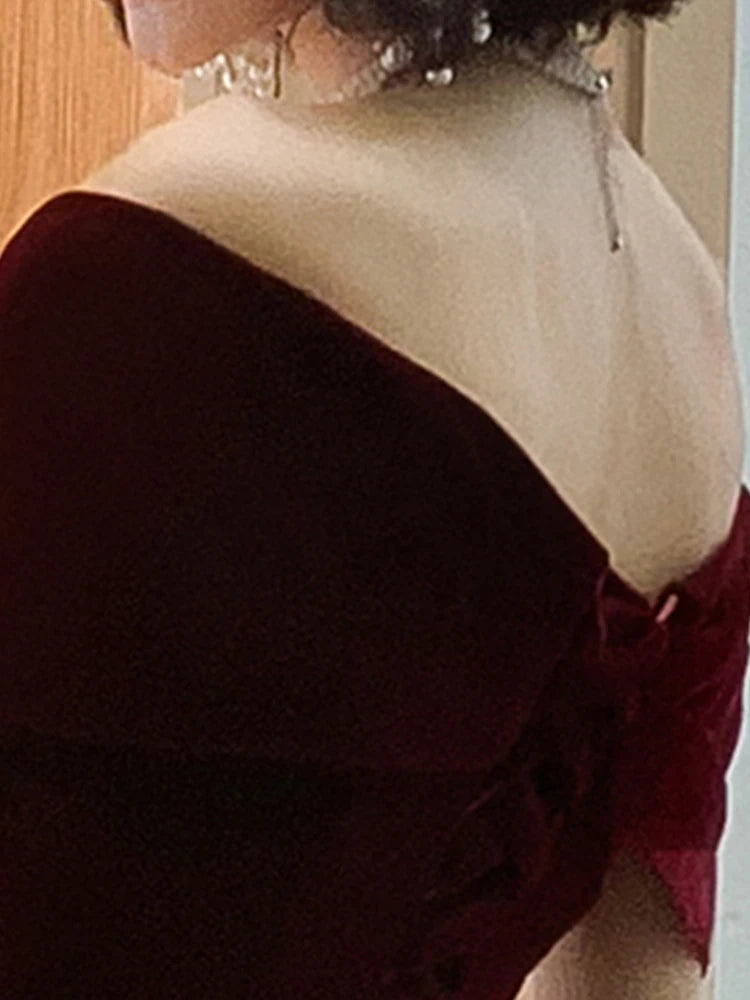 Lautaro Spring Long Luxury Elegant Wine Red Soft Velvet Evening Party Wedding Dresses for Women 2022 Off Shoulder Maxi...