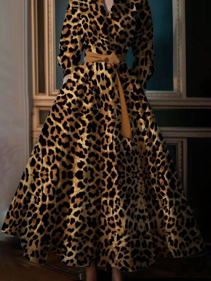 Casual Commuter Retro Boho Leopard Pattern Women's Big Size Dress New High Street Standing Collar Loose Big Swing Shirt Dresses