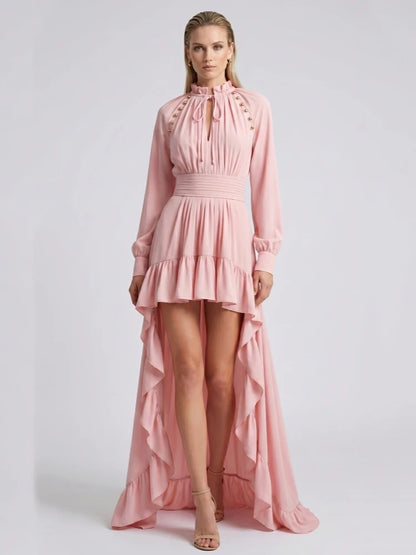 Sexy O Neck Lace Up Buttons Ruched Long Dress Women Pink Long Sleeves Ruffles Slim Dresses Celebrity Evening Party Runway Gowns