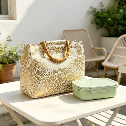 Retro gold-foil leopard print faux bamboo-handle women's tote bag, golden leopard pattern handbag | Kimlud Mid Range Bag