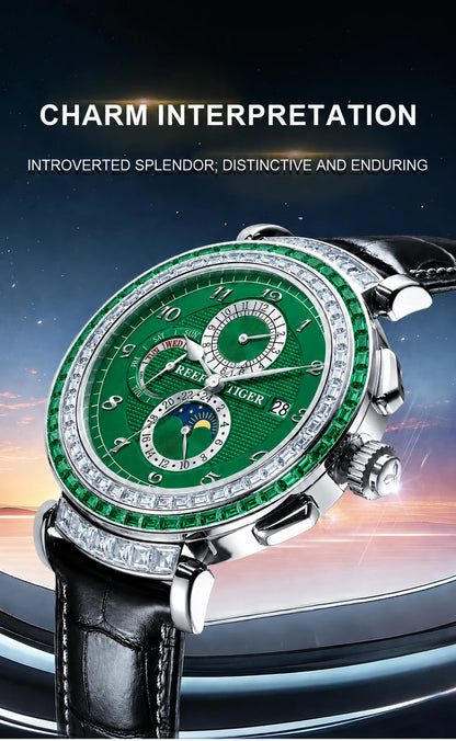 Reef Tiger Luxury Men's Automatic Mechanical Watch Green Dial Moon Phase Date Genuine Leather Strap Waterproof Dress...