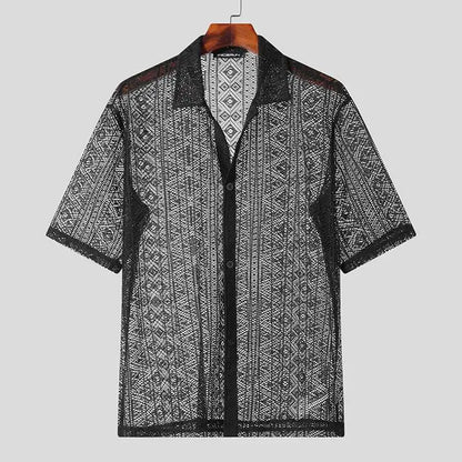2023 Fashion Men Shirt Mesh Lace Transparent Streetwear Lapel Short Sleeve Button Camisas Party Sexy Men Clothing S-5XL...