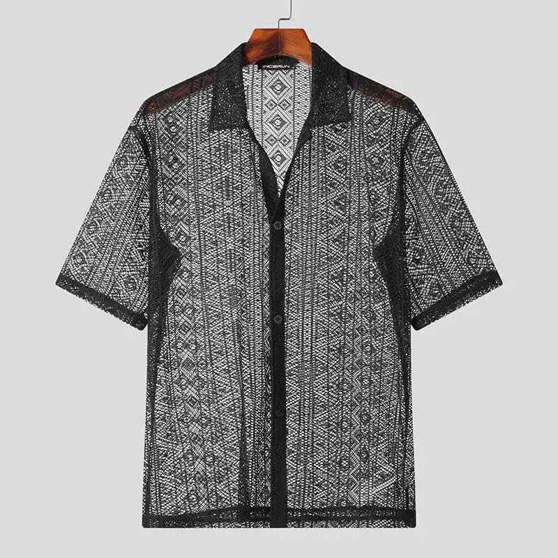 2023 Fashion Men Shirt Mesh Lace Transparent Streetwear Lapel Short Sleeve Button Camisas Party Sexy Men Clothing S-5XL...