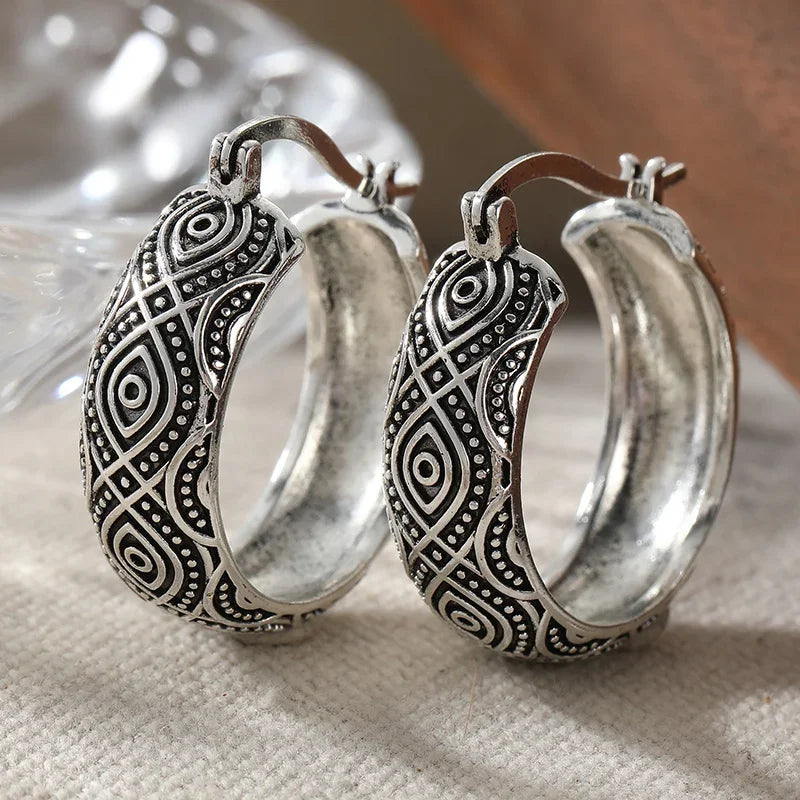 Exotic Style Carving Pattern Hoop Earrings Classic Silver Plated Bohemian Style Women's Earrings Fashion Jewelry...
