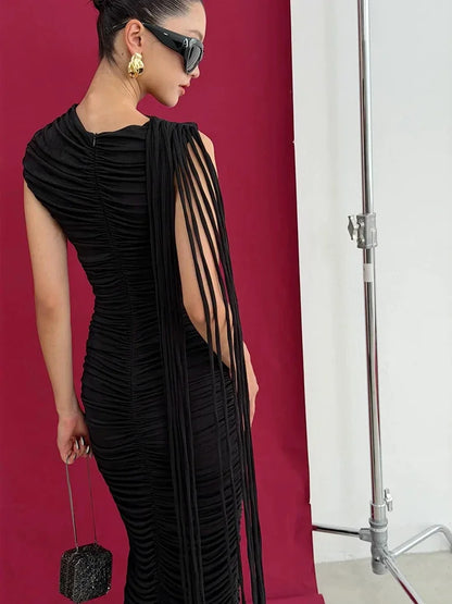 Sexy O Neck Tassel Patchwork Folds Long Dress Women Black Sleeveless Ruched Bodycon Slim Dresses Celebrity Evening Party...