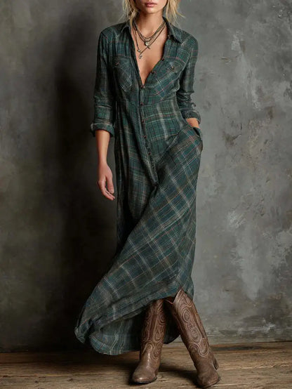 Elegant Long Sleeve Plaid Shirt Dress Fashionable Checkered Collar Dress A- Line Midi Skirt Stylish Commute Wear Polyester Fabri