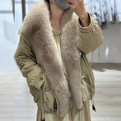 Women's Winter Down Jacket With Shawl Collar Short Real Fox Fur Puffer Jacket Genuine Fox Fur Coat Fashion Furry Jacket - Kimlud