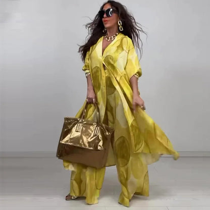Women Two Pieces Pant Sets Print Cardigan Long Shirts Loose V Neck Button Shirt Spliced Casual Wide Leg Pants Suits Lady
