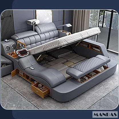 Linlamlim Luxury King Size Genuine Leather Bed / Tech Smart Bed / Multifunctional Ultimate Beds / Massage Bed with...