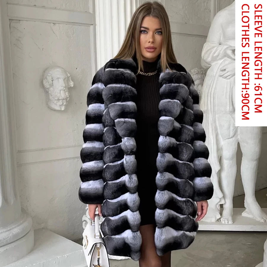 Women Natural Rex Rabbit Fur Coat With Fur Collar Warm Winter Jacket Women Warm Chinchilla Fur Jacket Real Fur Coat New