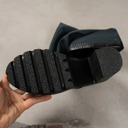 Womens Knee High Thick Sole Wide Heel Boots PU Leather Black Round Toe Rubber Sole All Day Comfort Casual Formal Wear